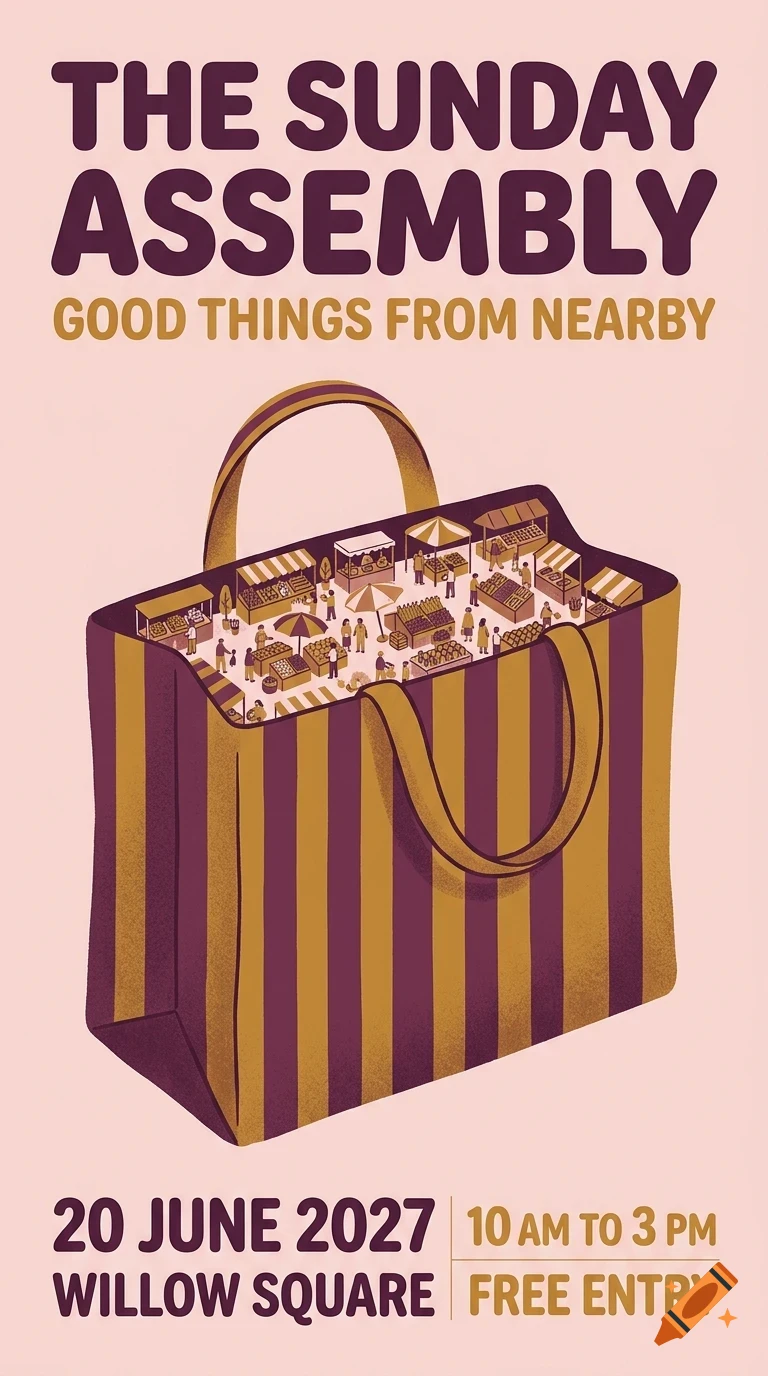 An illustrated poster for The Sunday Assembly featuring a large striped tote bag filled with miniature market stalls and shoppers.