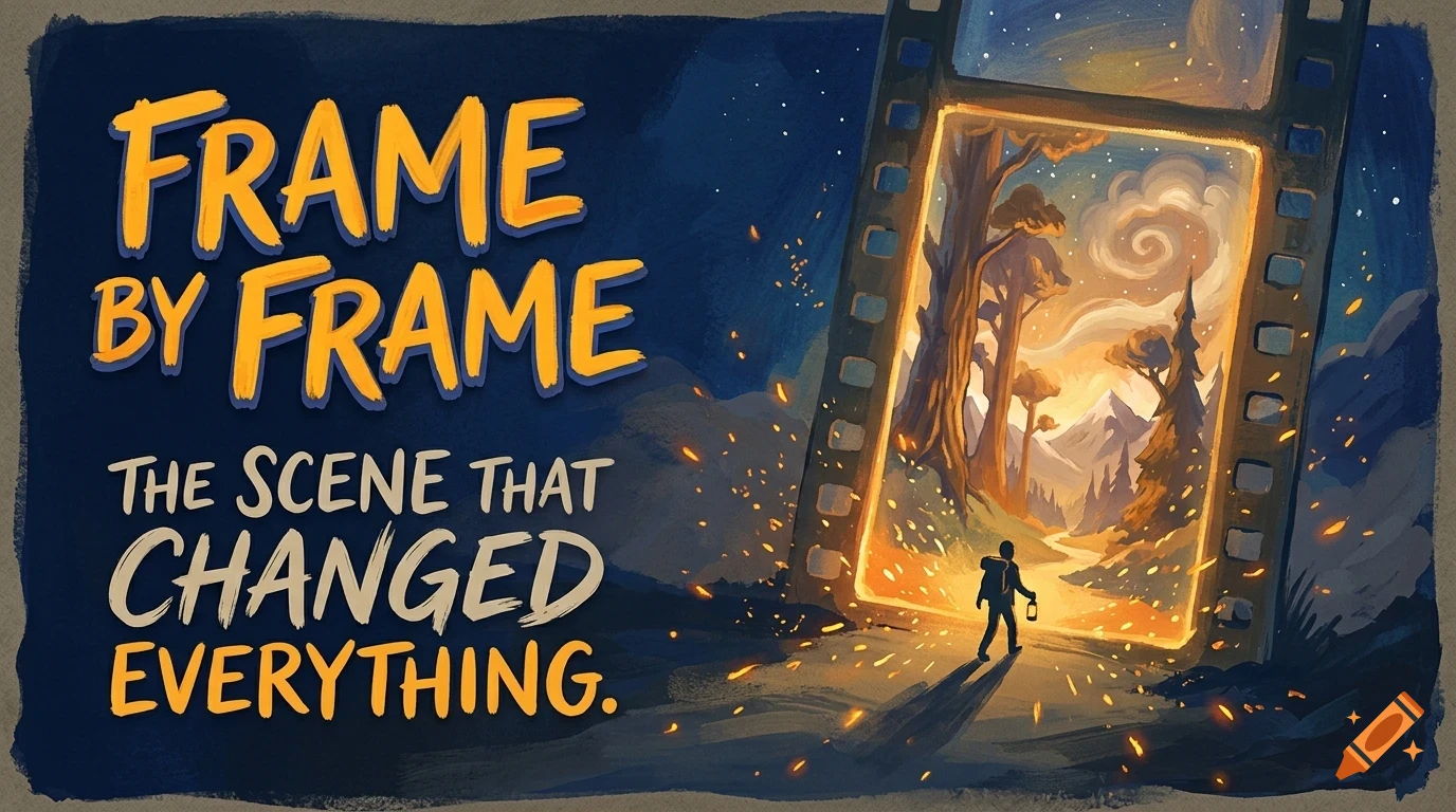 An illustrated poster showing a person walking through a glowing film strip frame into a painted landscape with trees, mountains, and the text Frame By Frame.