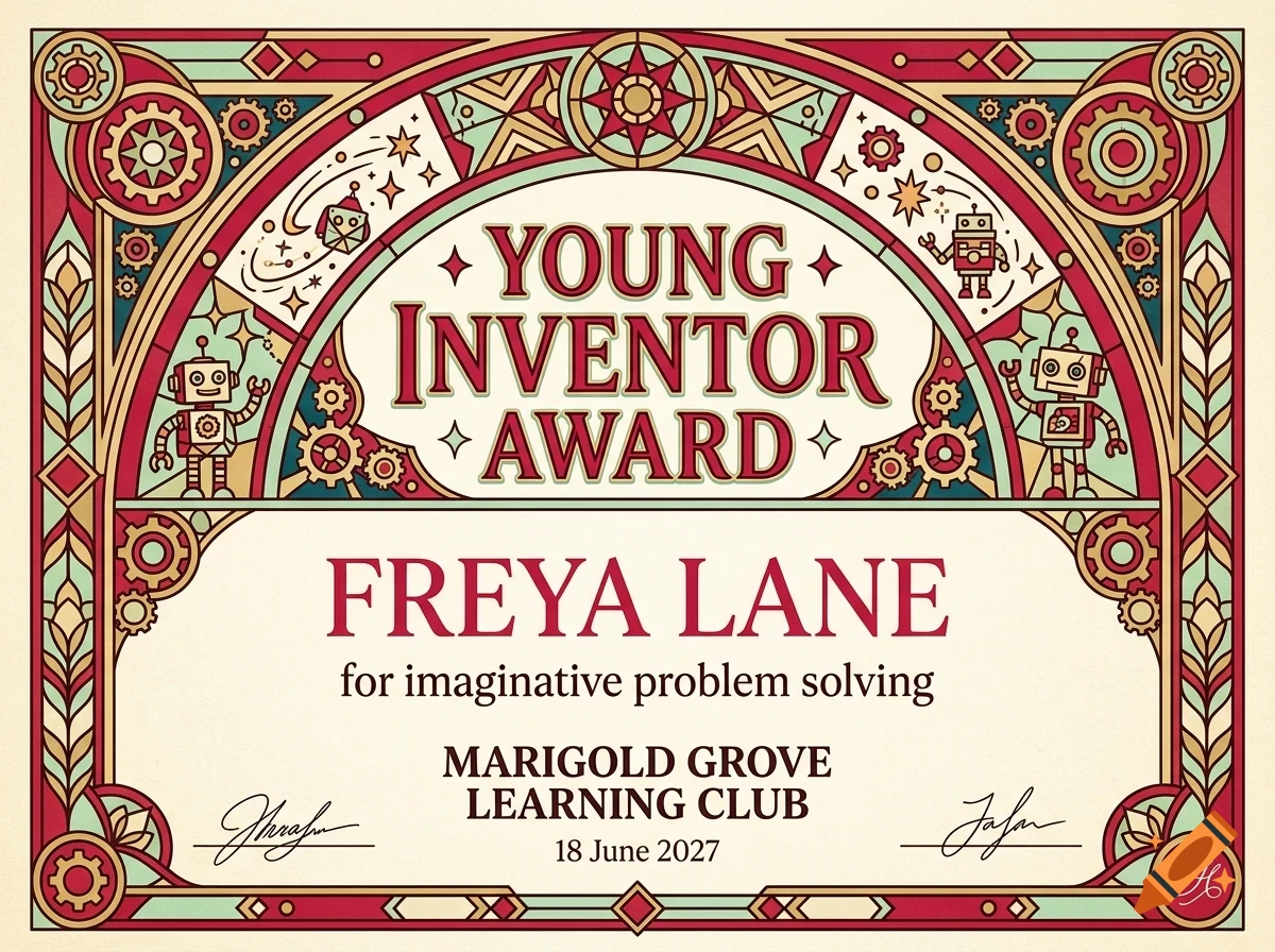 An ornate award certificate for the Young Inventor Award, featuring decorative borders, robots, gears, and lettering.