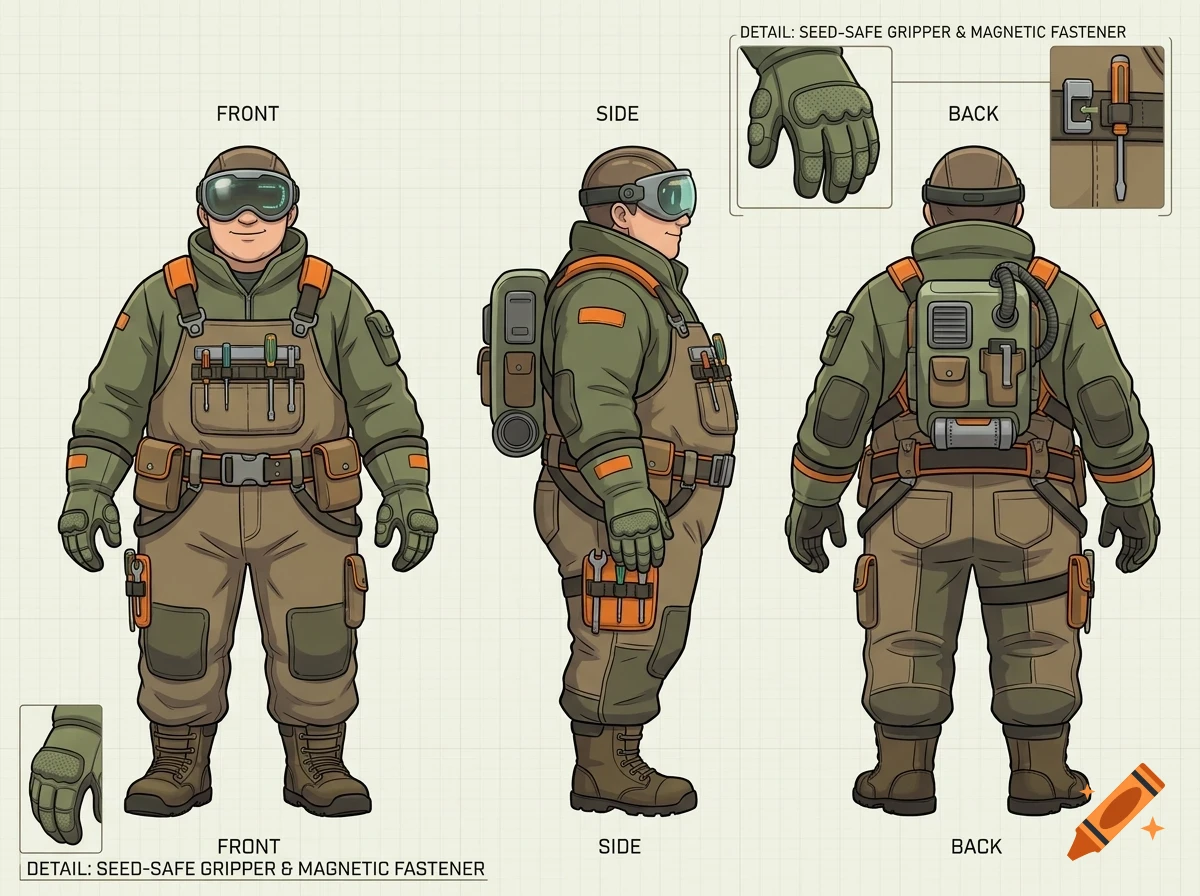 Character design sheet showing front, side, and back views of a person in futuristic gear with tools, a backpack, and goggles.