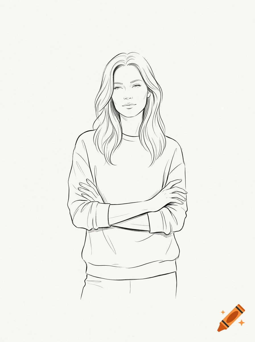 Minimalist black and white sketch of a woman standing with crossed arms.