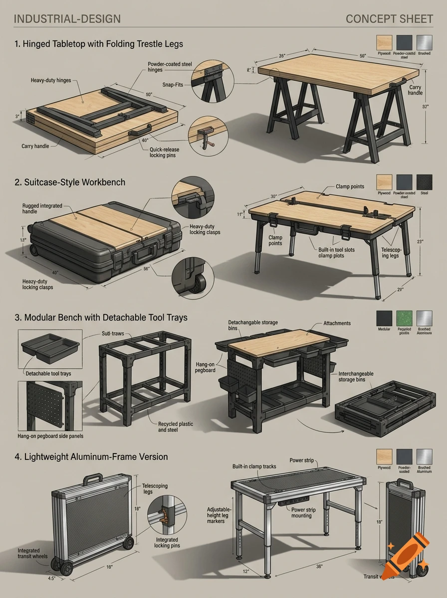 Industrial design concept sheet showing various portable and modular workbench ideas with detailed measurements.