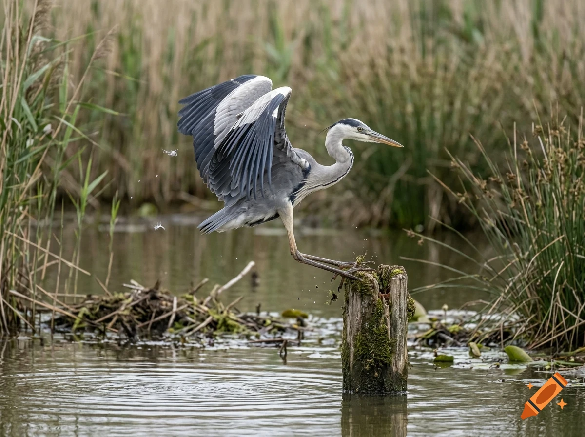 A grey heron landing on a mossy wooden post in a marshy wetland area.