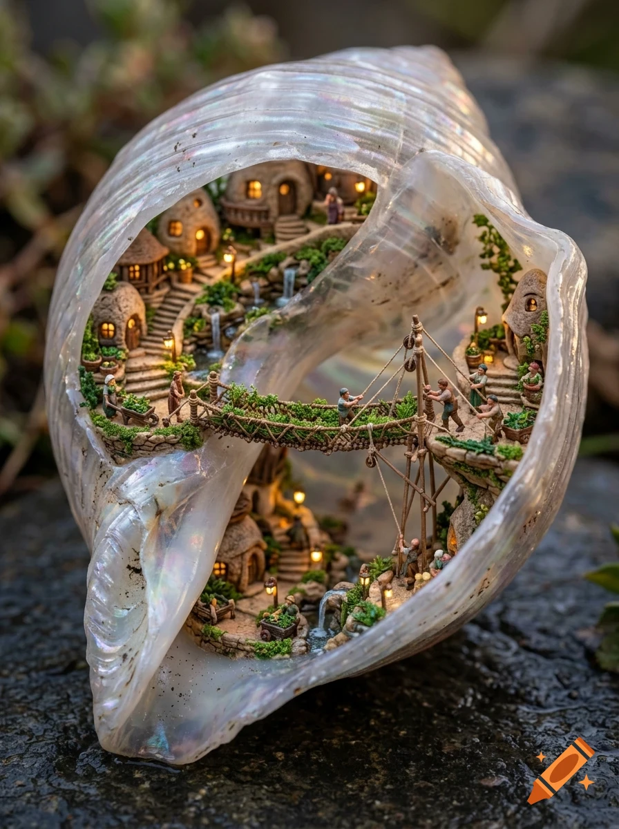 A miniature village built inside a large, hollow seashell, featuring tiny houses, pathways, and figurines.