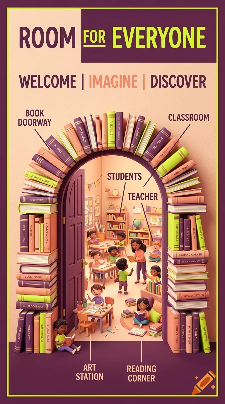 An illustration of a classroom with children reading and learning inside, framed by an archway made of stacked books, with the text 'ROOM FOR EVERYONE' and labels pointing to different areas.