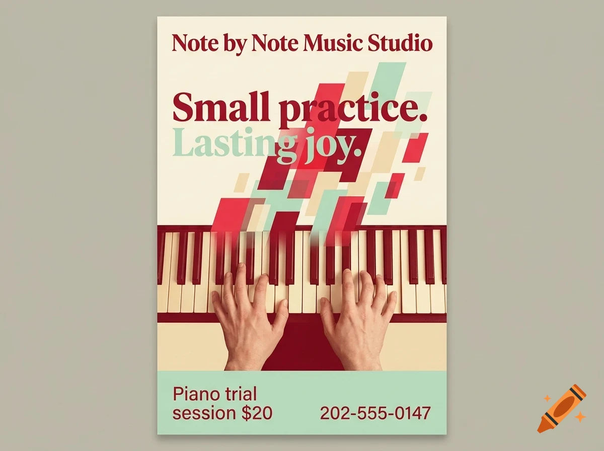 A poster for Note by Note Music Studio showing hands playing piano keys with text and abstract shapes.