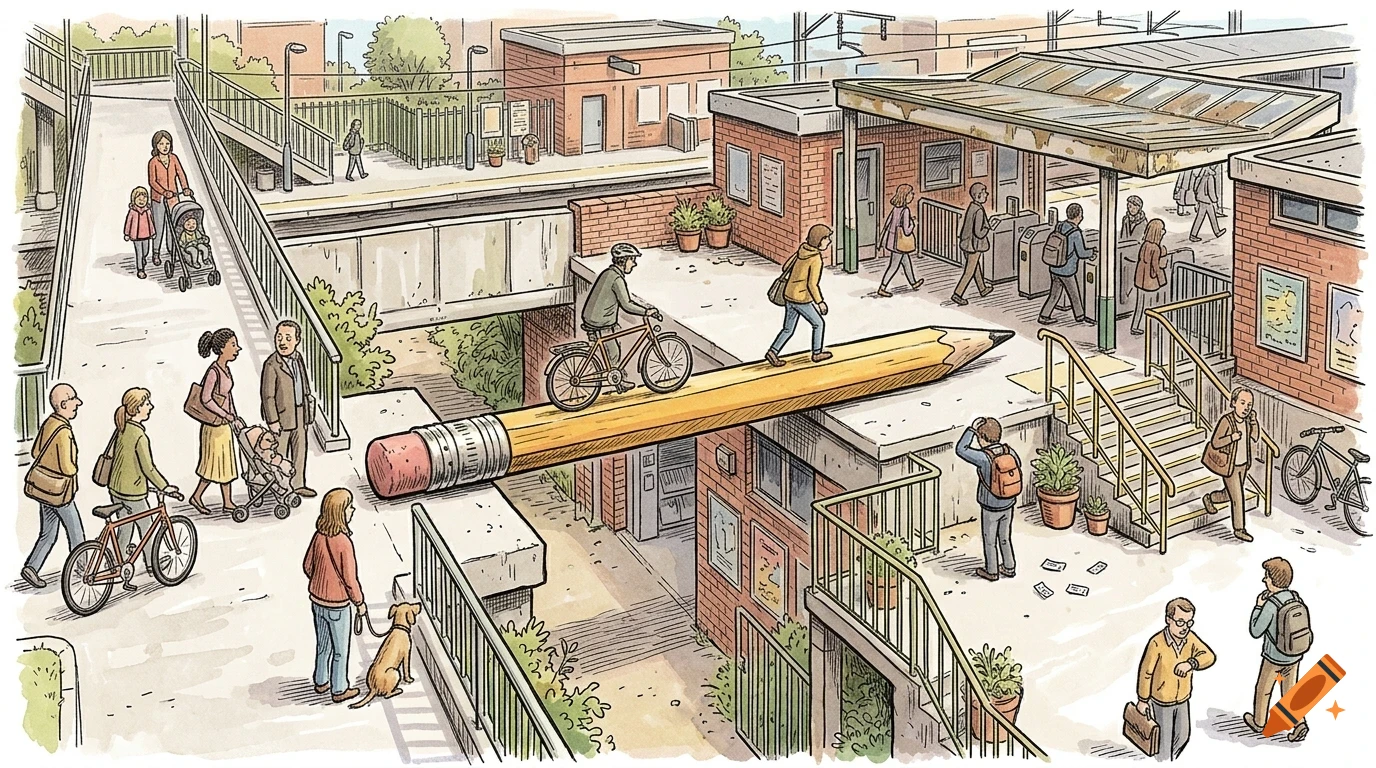 An illustrated aerial view of a train station platform where people walk, a cyclist rides, and a giant pencil bridges a gap over a lower level.