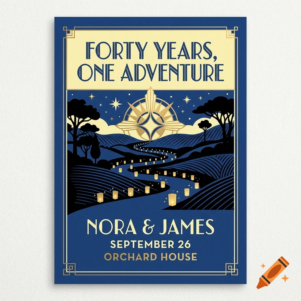 An Art Deco style poster featuring a winding river with glowing lanterns under a starry sky and rolling hills, with text reading Forty Years, One Adventure, Nora & James.