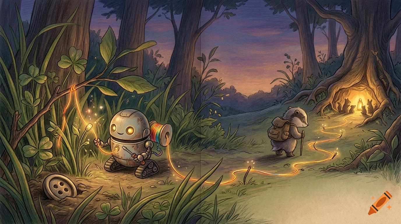 A small robot on treads lays out a glowing string through a forest, while a badger walks along the path toward a lit hollow tree.
