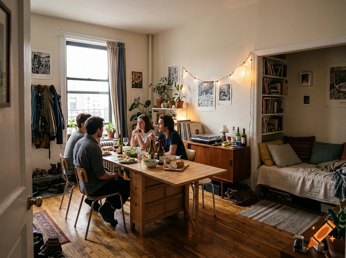 Four friends gathered around a wooden dining table in an apartment, sharing a meal and drinks.