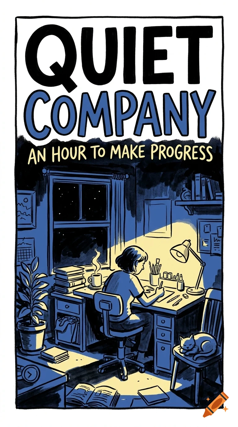An illustrated book cover featuring a person working at a desk late at night with a cat sleeping nearby, under the title QUIET COMPANY.