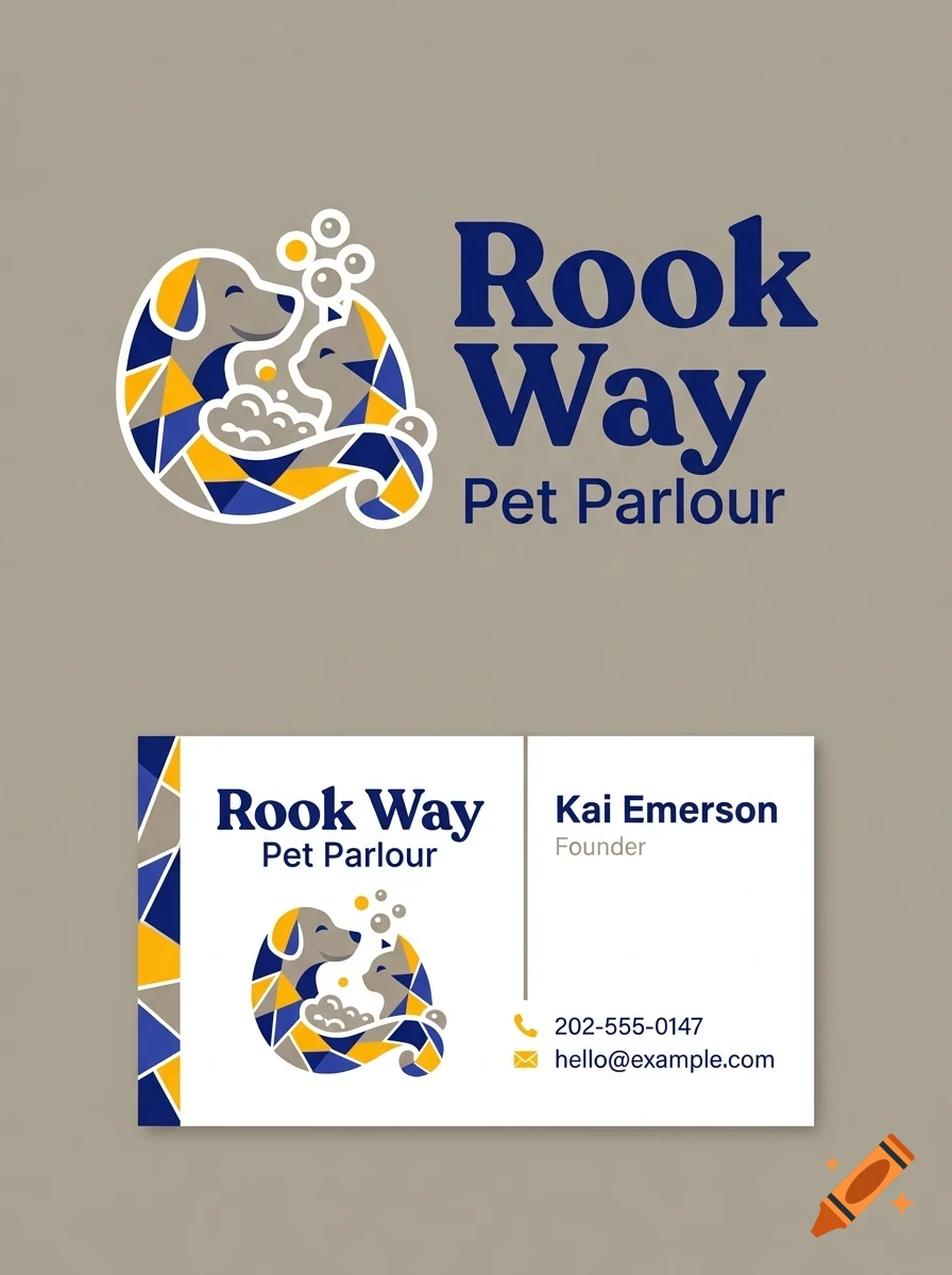 A branding design featuring a stylized geometric logo of a dog and a cat with bubbles and the text Rook Way Pet Parlour, displayed on a business card.
