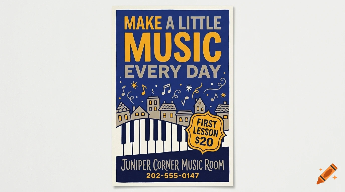 A poster with blue background, piano keys, city silhouette, musical notes, and text reading Make a little music every day.