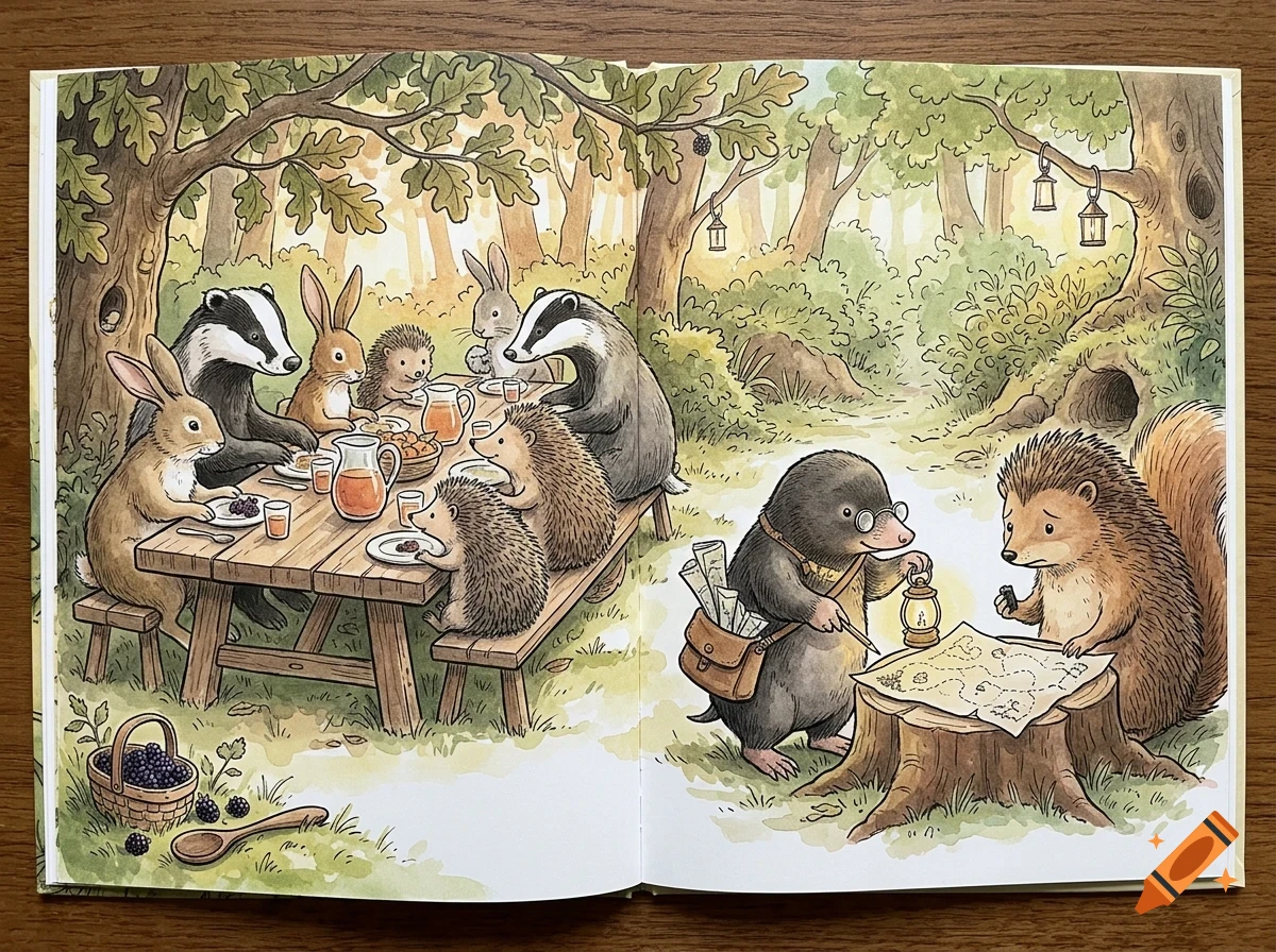 An illustrated children's book page shows various woodland animals, including badgers, rabbits, hedgehogs, and a mole, gathered for a forest banquet and studying a treasure map.