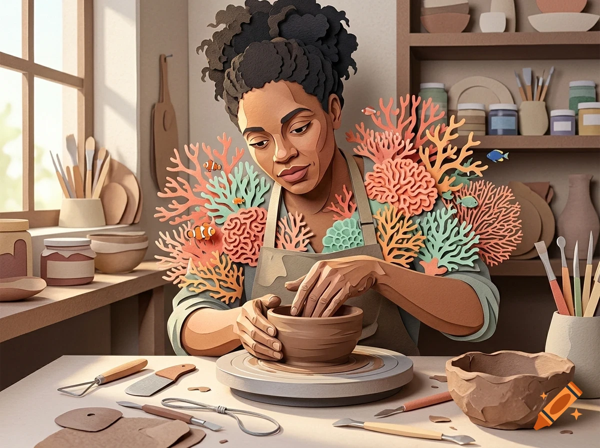 A paper-cut art style image of an artisan shaping a clay bowl on a pottery wheel, surrounded by coral and small fish motifs in a studio.