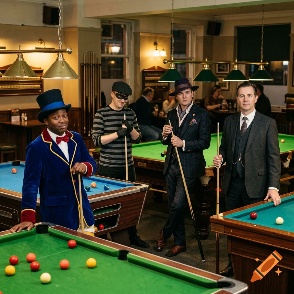 Photorealistic scene of four men dressed in distinct themed costumes standing around pool tables in a pub.