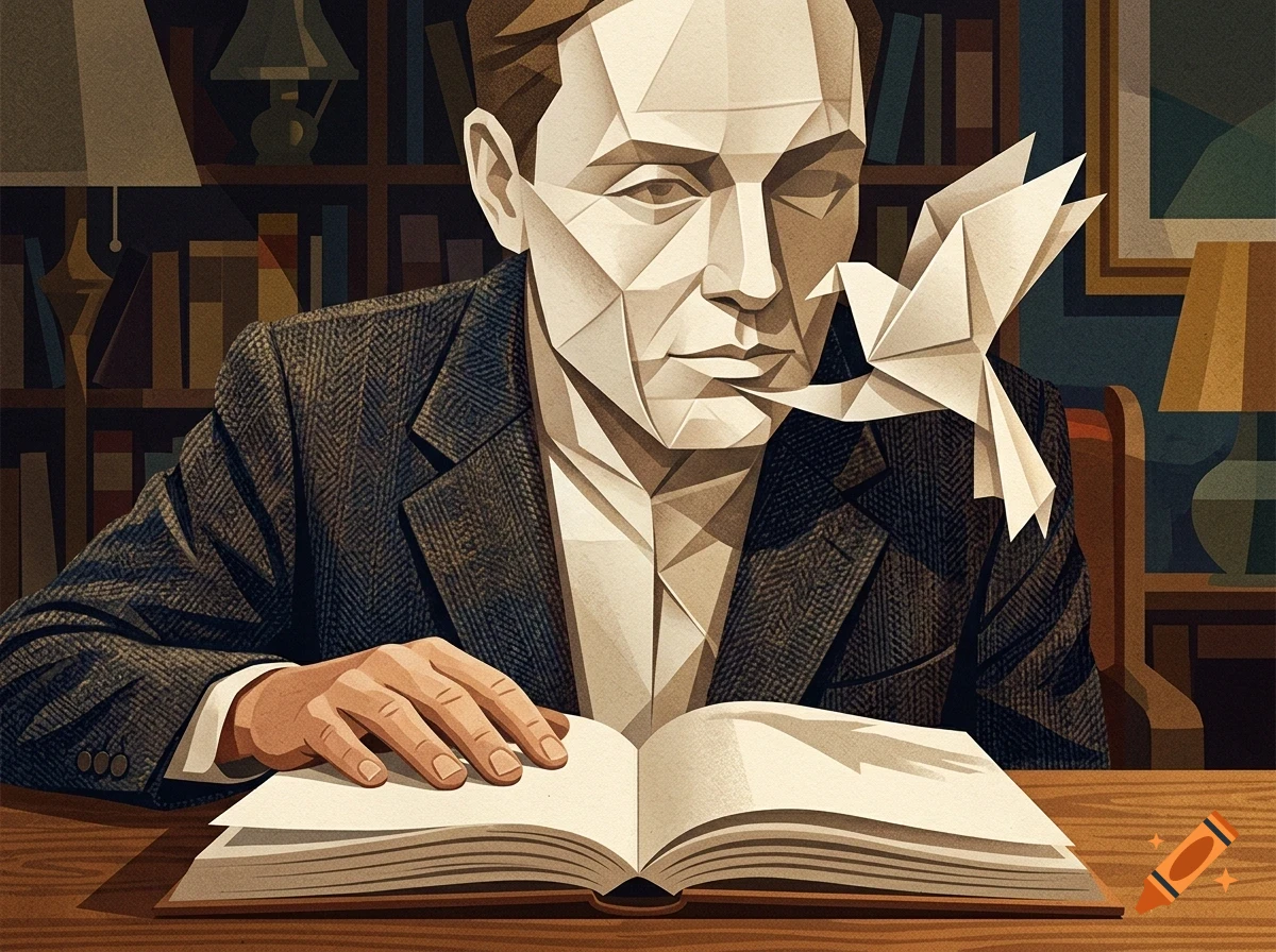 An angular, origami-faced man in a suit reads an open book as a paper bird flies from his mouth in a study.