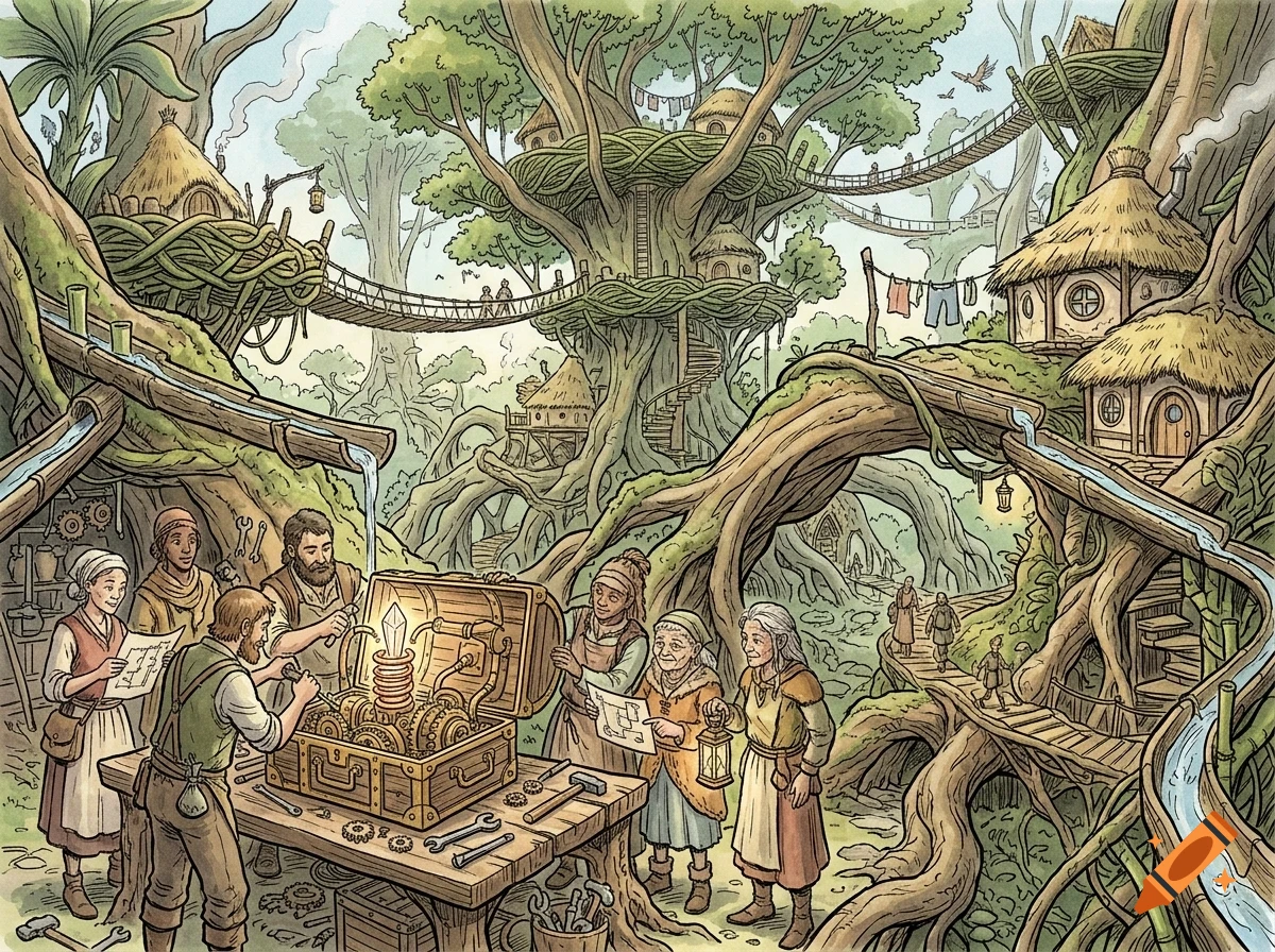 An illustrated fantasy treehouse village where people work together on a glowing mechanism, connected by rope bridges and waterways among giant trees.