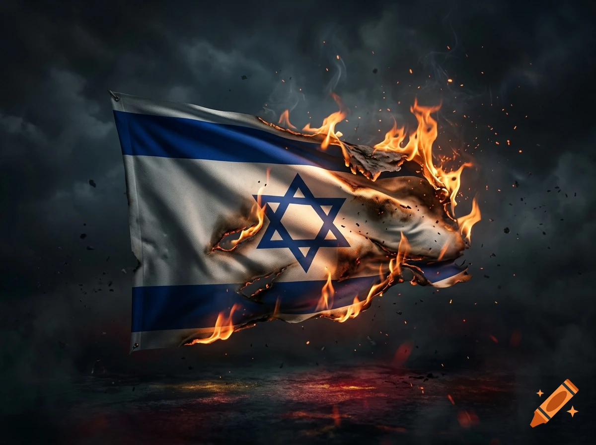 An Israeli flag burning with flames and sparks against a dark, stormy background.