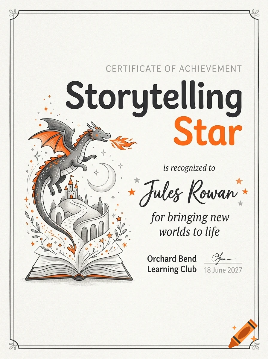 A certificate of achievement featuring an open book with a castle, a flying dragon breathing fire, stars, a crescent moon, and the title Storytelling Star.
