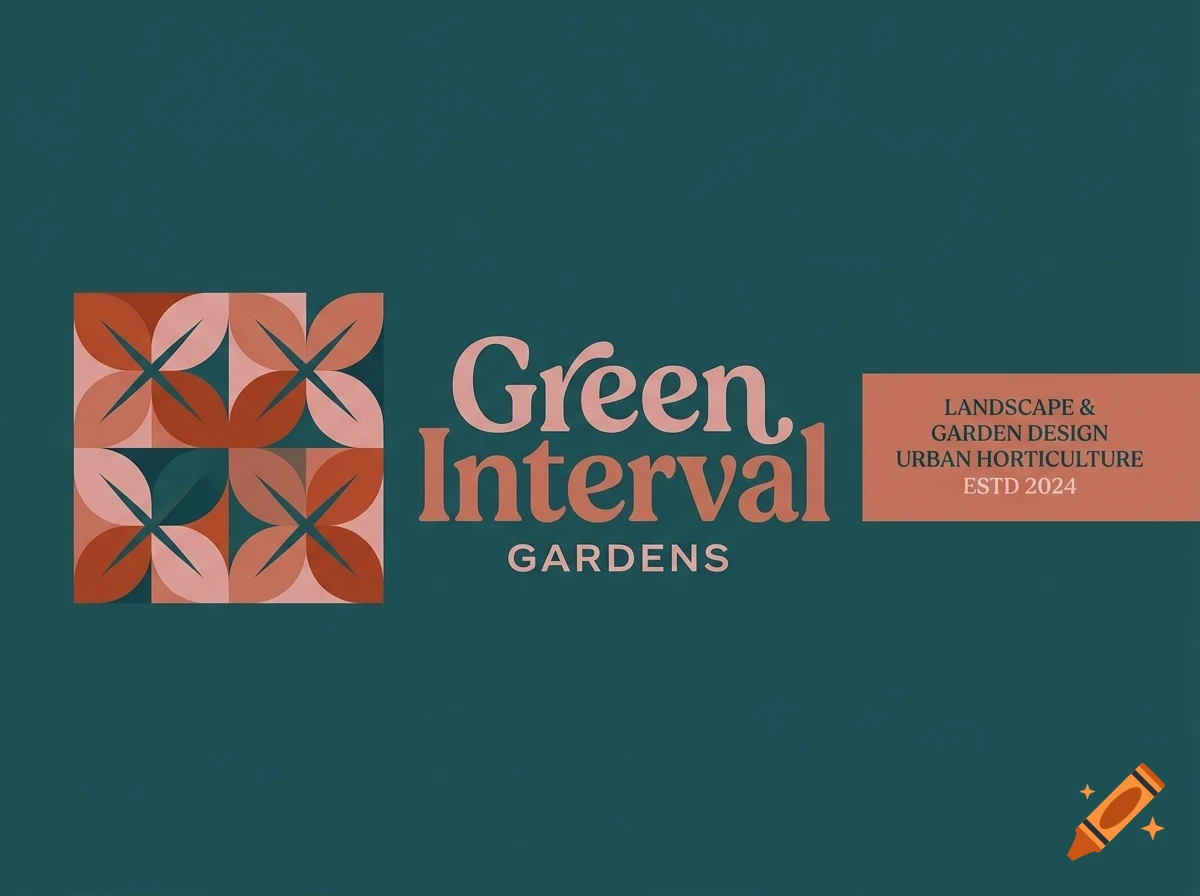 A brand logo featuring a geometric leaf pattern, the text Green Interval Gardens, and landscape design details on a dark teal background.