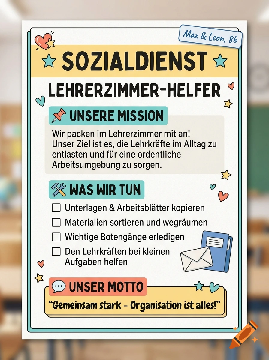 A school poster titled Sozialdienst Lehrerzimmer-Helfer with mission statement and checklist in German.
