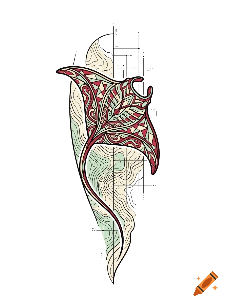 An artistic vector illustration of a manta ray with geometric and topographical patterns, combined with technical lines.