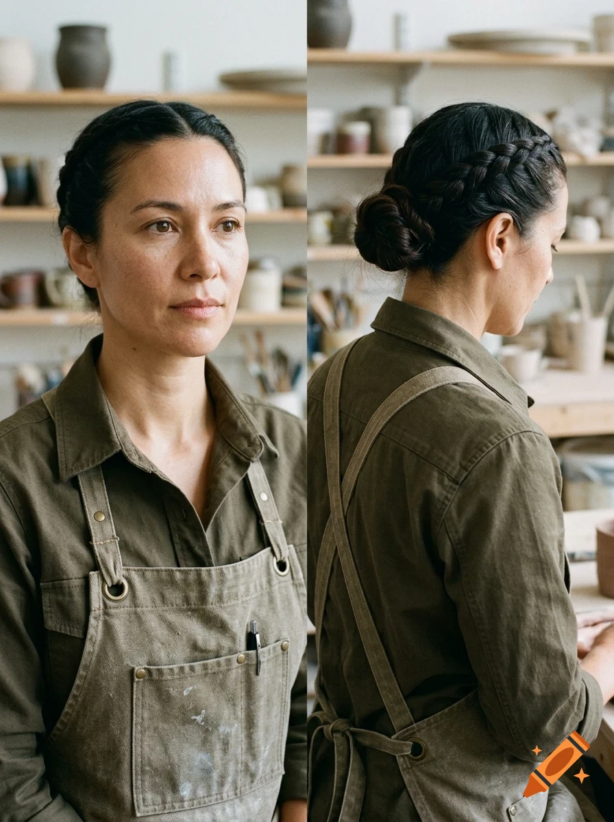 Two views of a woman in a pottery studio wearing an olive green shirt and apron with her dark hair in braided updo.