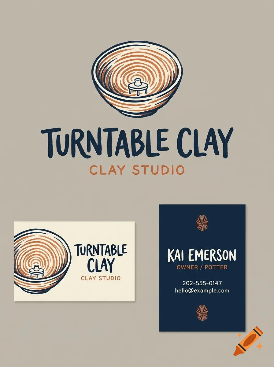 Branding mockup for Turntable Clay studio, featuring a bowl logo, business cards, and lettering.