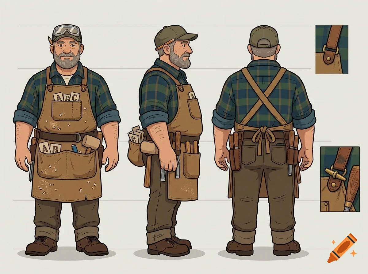 Character turnaround sheet showing a bearded male carpenter in a plaid shirt, brown trousers, and a leather apron with tools.
