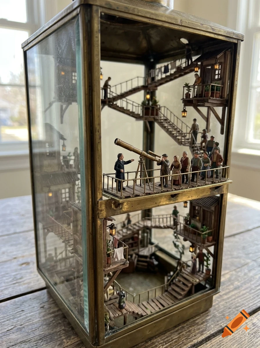 An intricate miniature diorama inside a large brass-framed glass lantern, featuring multiple levels of wooden walkways, stairs, and tiny human figures, including a group looking through a telescope.