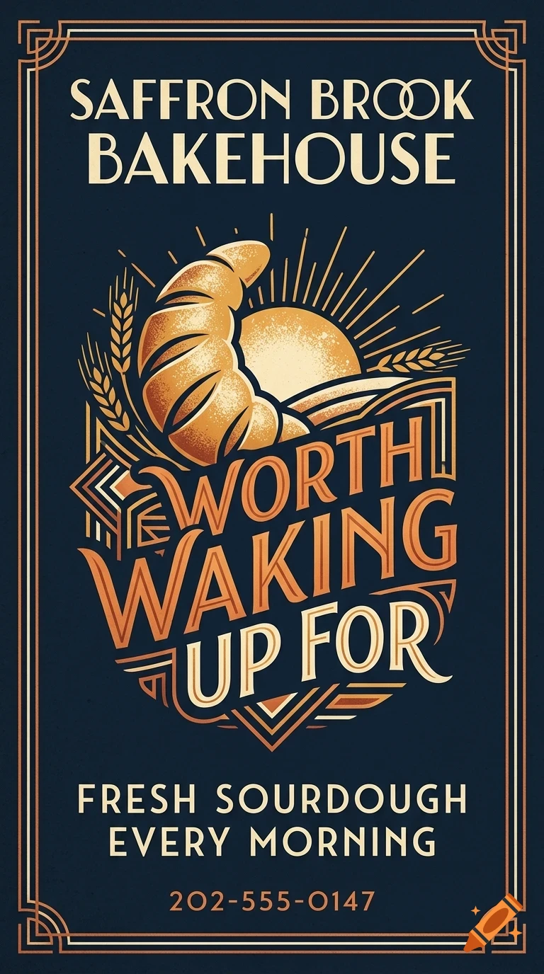 An Art Deco style poster for Saffron Brook Bakehouse with a croissant, sunrise, wheat stalks, and text reading Worth waking up for.