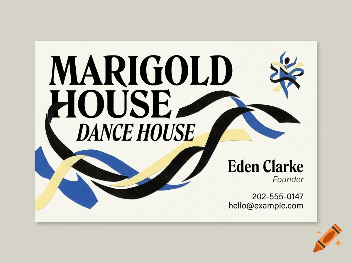 A business card with bold black lettering reading Marigold House Dance House, accompanied by stylized black, blue, and yellow ribbons and text for Eden Clarke.