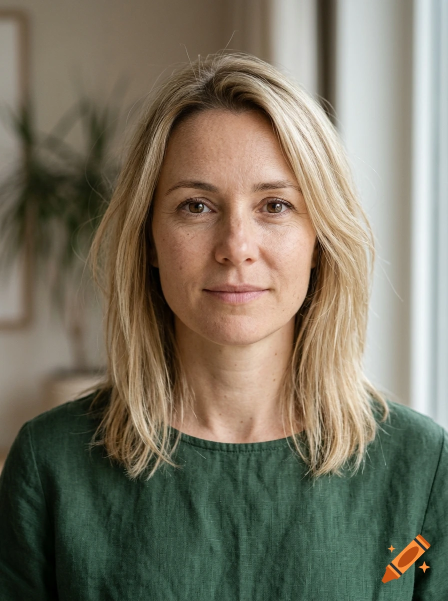 Photorealistic portrait of a woman with blonde hair and brown eyes wearing a green shirt.
