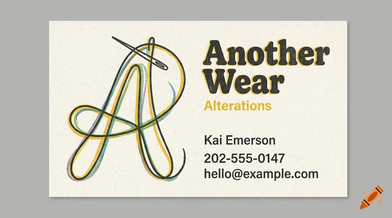 A business card featuring a stylized letter A made of thread with a needle, and the text Another Wear Alterations, Kai Emerson, phone number, and email.