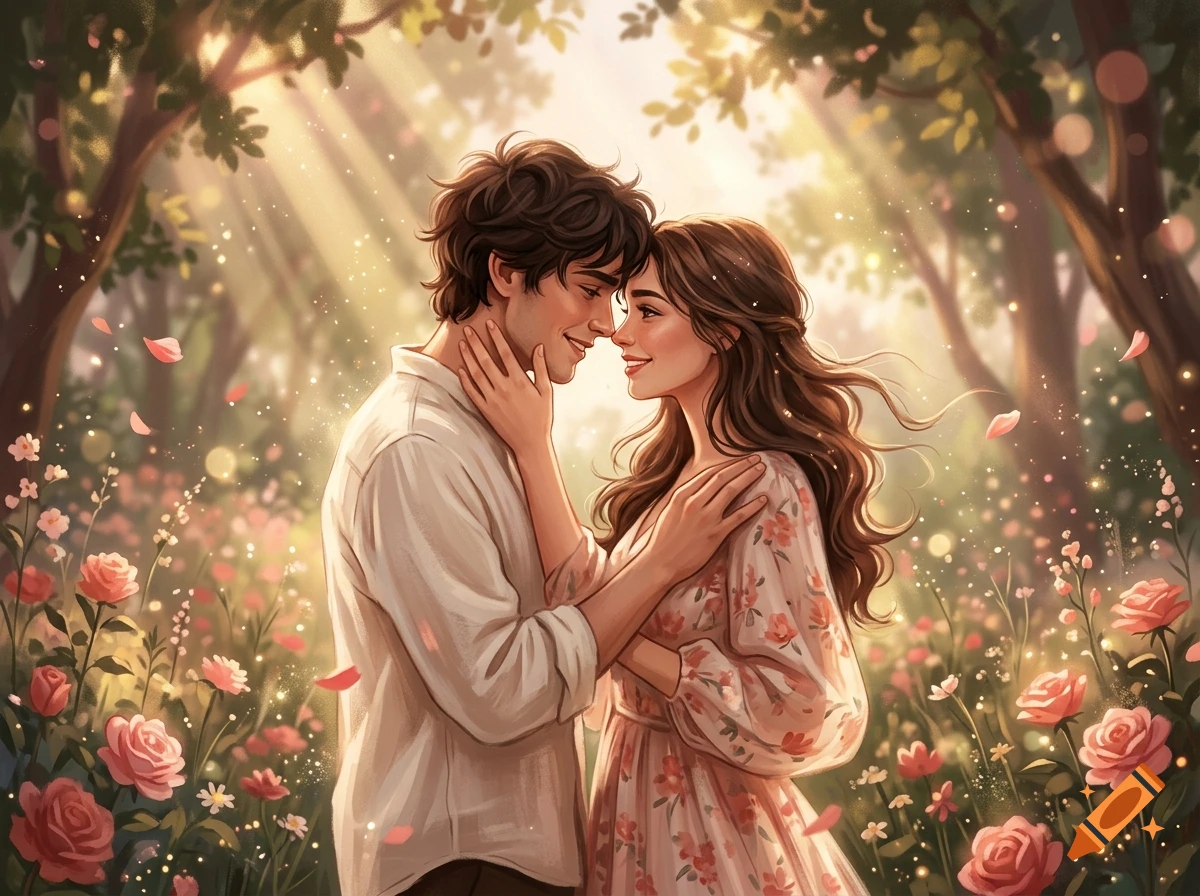 An illustrated romantic scene of a couple looking lovingly at each other in a sunlit forest surrounded by flowers.
