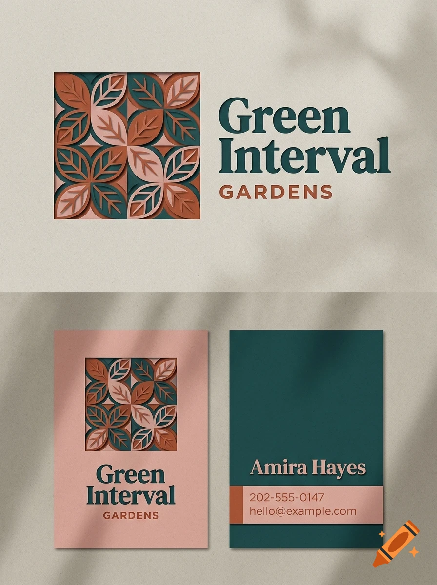 Mockup of business cards and logo for Green Interval Gardens featuring a leaf pattern design.