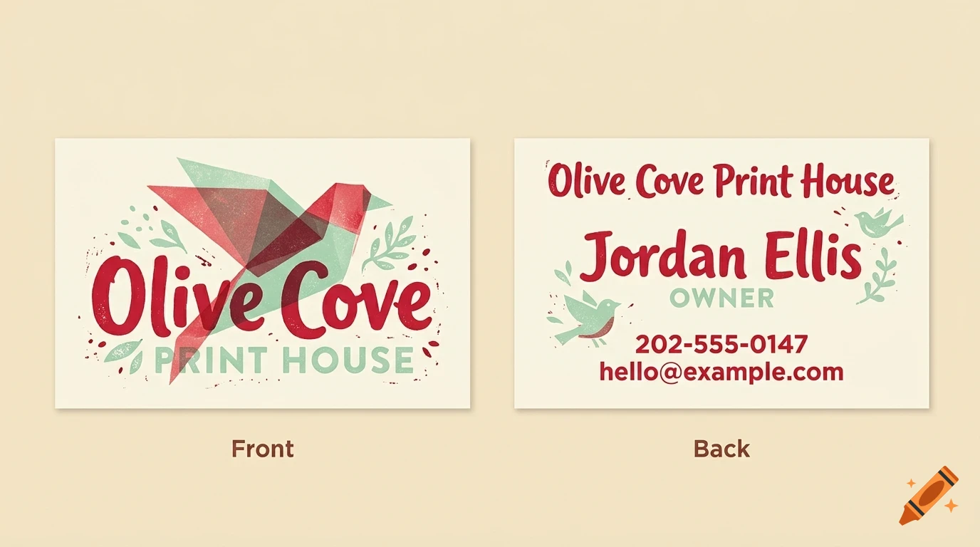 Two business cards showing front and back designs featuring a geometric bird illustration and the text Olive Cove Print House and Jordan Ellis Owner.