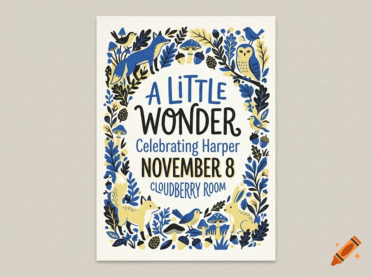 An illustration featuring forest animals, foliage, mushrooms, and the text A Little Wonder Celebrating Harper November 8 Cloudberry Room.