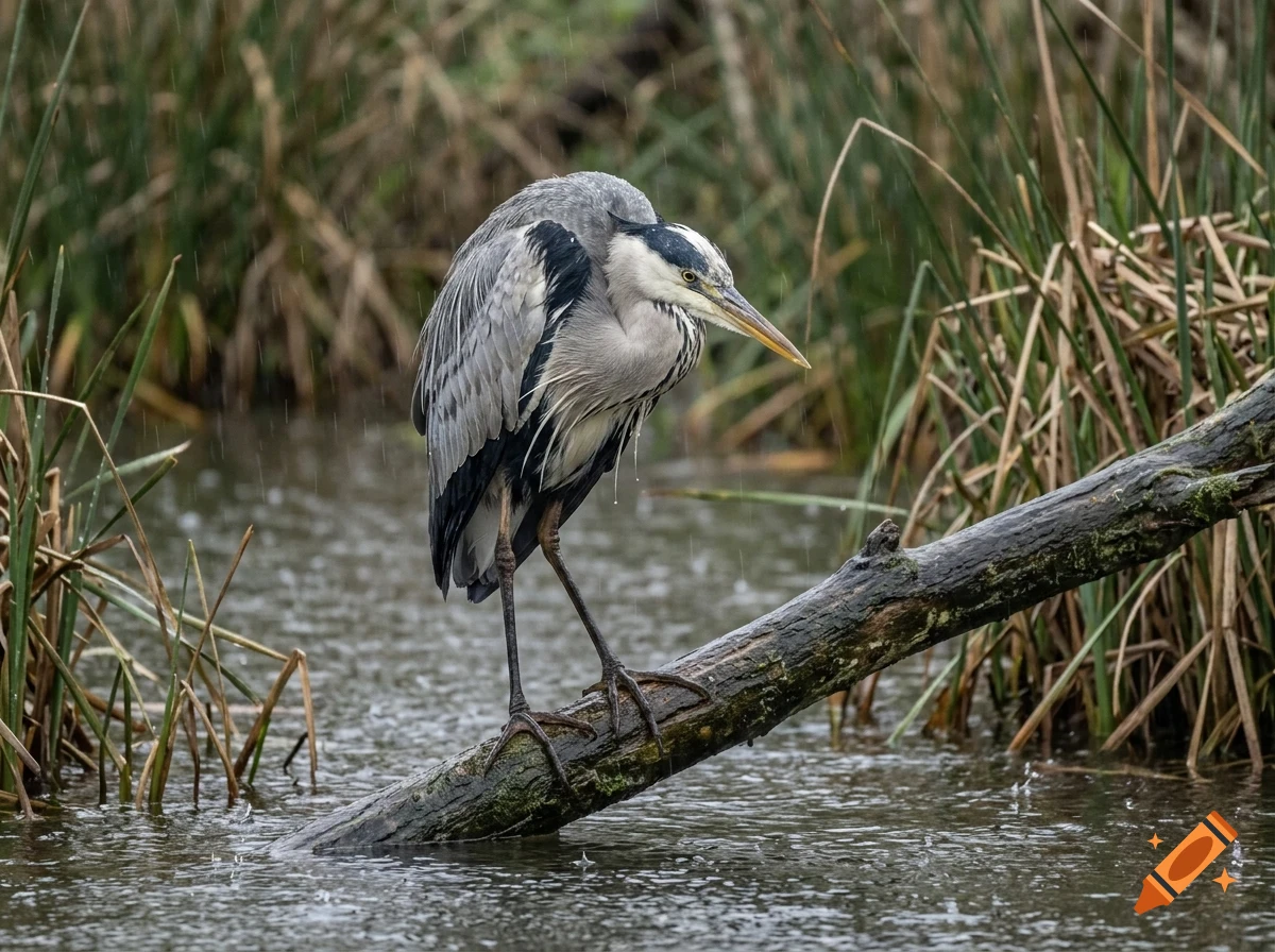 A grey heron perched on a log over water in the rain.