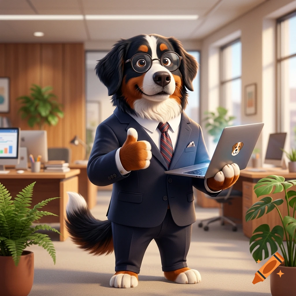 A Bernese Mountain Dog wearing a business suit, glasses, and tie, standing in an office while holding a laptop and giving a thumbs up.