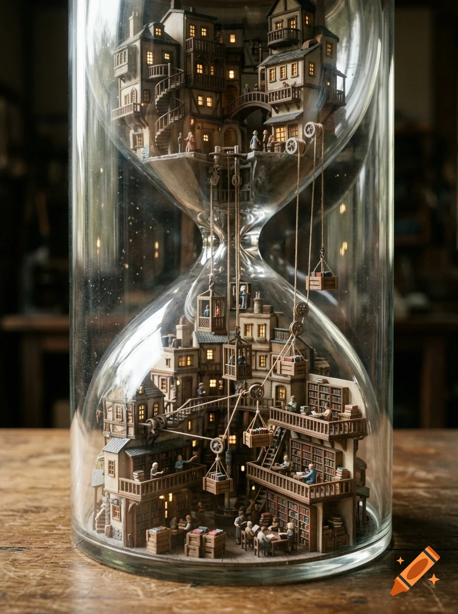 A detailed miniature village built inside a large glass hourglass, featuring tiny buildings, houses, and figures with glowing windows.