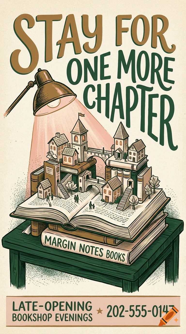 An illustration of an open book forming a miniature village with tiny houses and bridges, lit by a desk lamp, with the text STAY FOR ONE MORE CHAPTER.