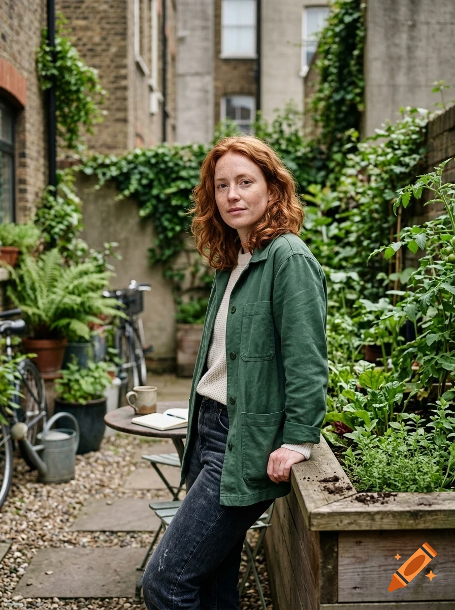 A portrait of a red-haired woman standing in a courtyard garden with plants and brick walls.