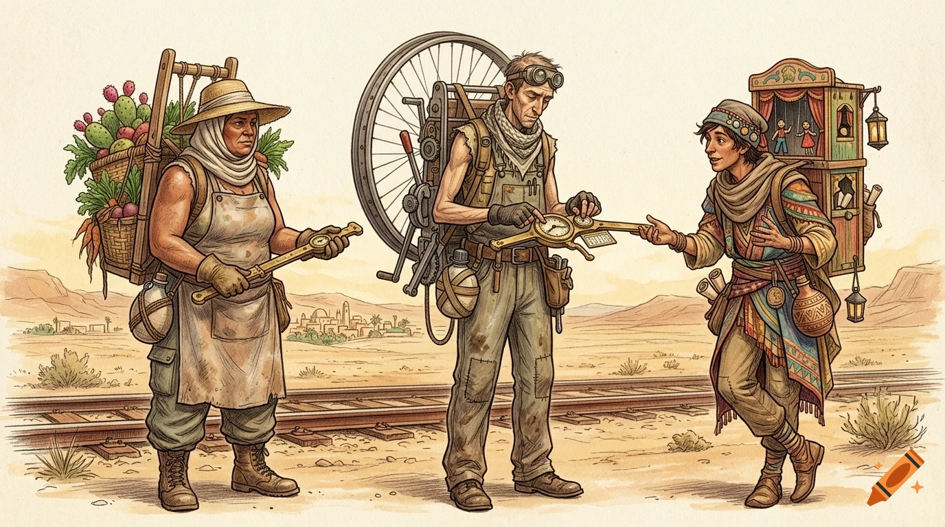 An illustration of three diverse travelers in a desert setting with railway tracks, carrying gear and interacting.