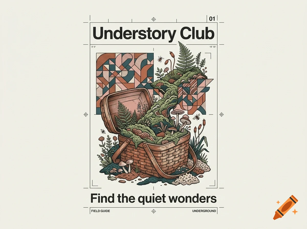An illustrated poster titled Understory Club featuring an open picnic basket overflowing with moss, ferns, and mushrooms against a geometric background.