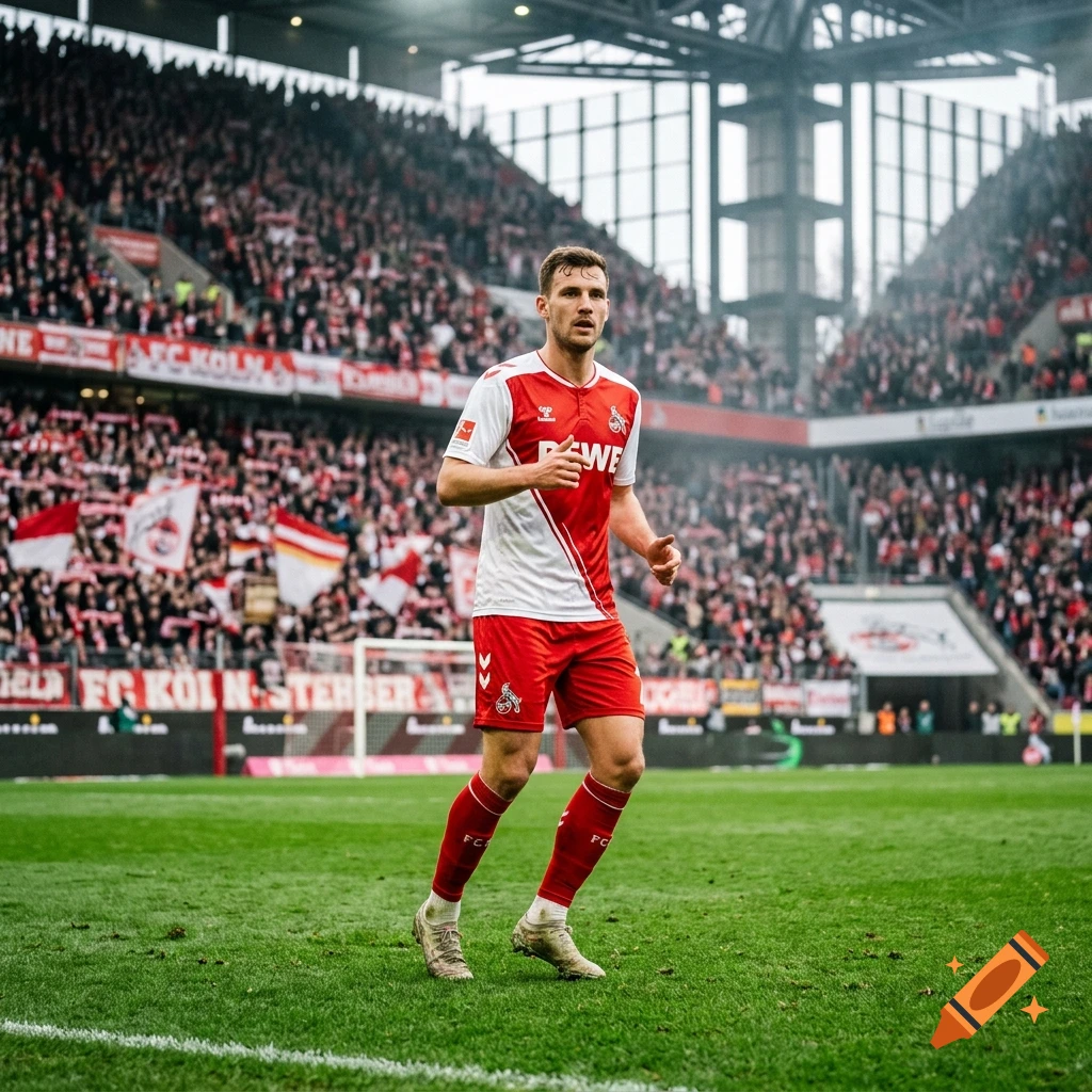 A professional soccer player in a red and white uniform on the pitch in a crowded stadium.