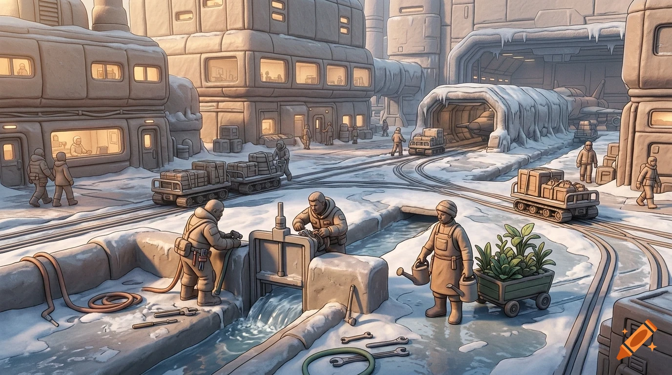 An illustration of a snowy futuristic industrial base with workers operating machinery, tending plants, and moving cargo.