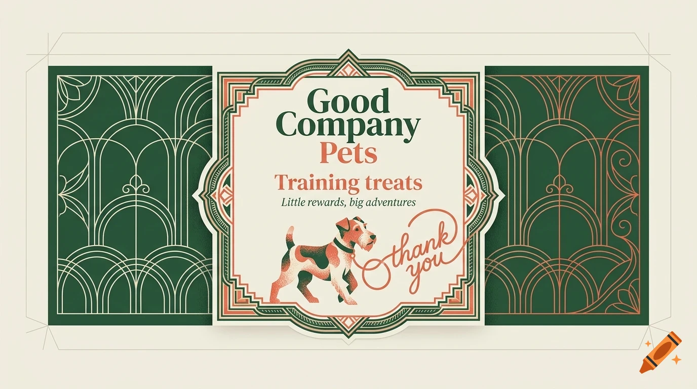 An ornate label design with a cartoon dog, art deco borders, and text reading Good Company Pets Training treats.