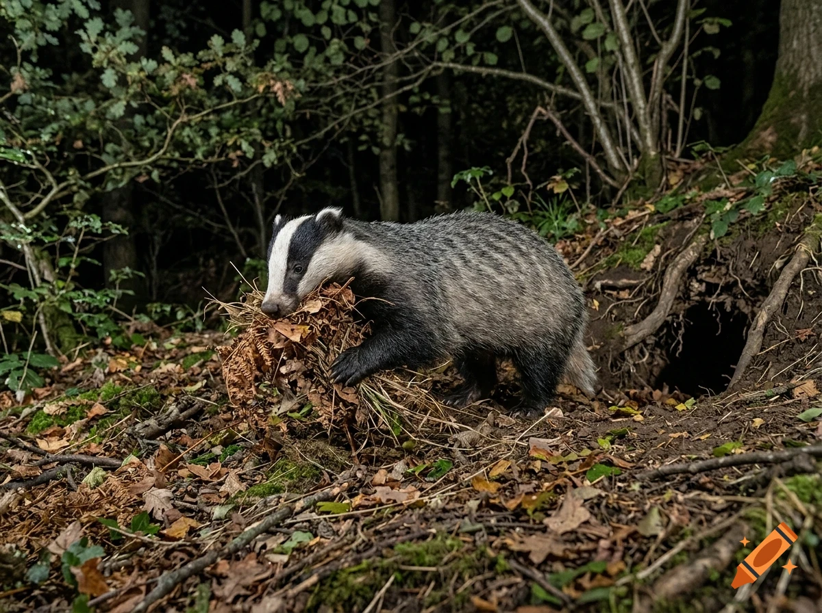 A badger carrying bedding material in a forest near its burrow at night.